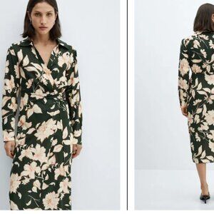 MNG Mango Linen Blend Wrap Dress M Floral Romantic Resortwear